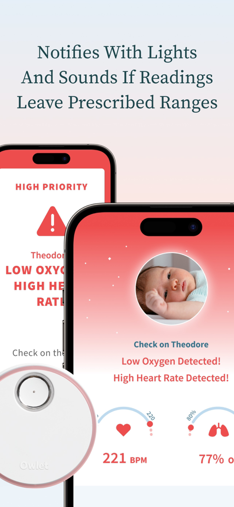 Owlet Care plus 앱 인터페이스에 낮은 산소 및 높은 심박수 의료 경고가 표시됩니다.