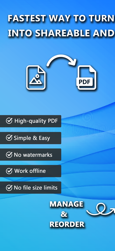 Pantalla promocional de la aplicación Screenshot To PDF destacando características clave como el trabajo sin conexión y la ausencia de marcas de agua.