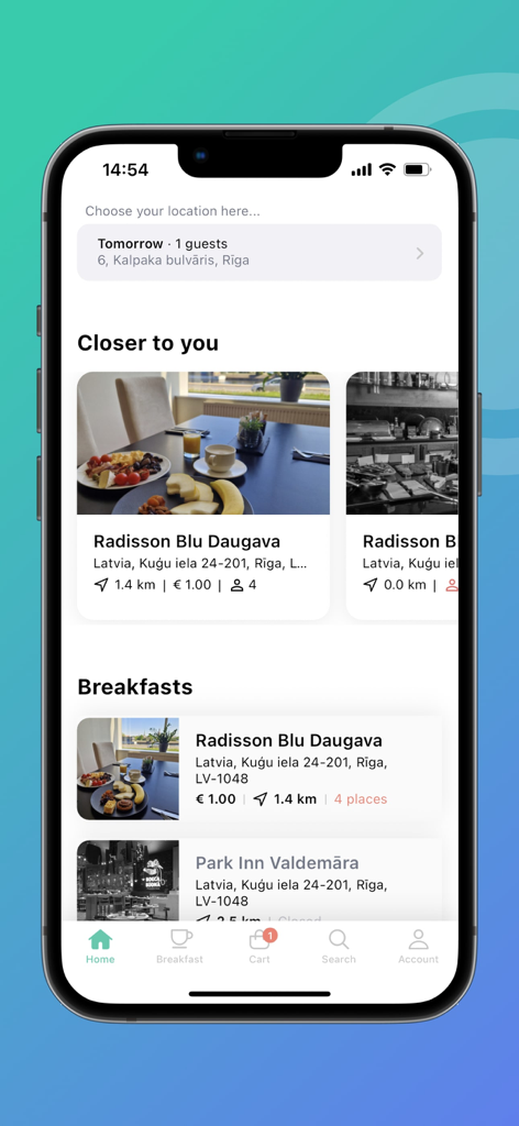 Eat in Hotels - Home screen of Eat in Hotels app showing nearby hotel breakfast booking options