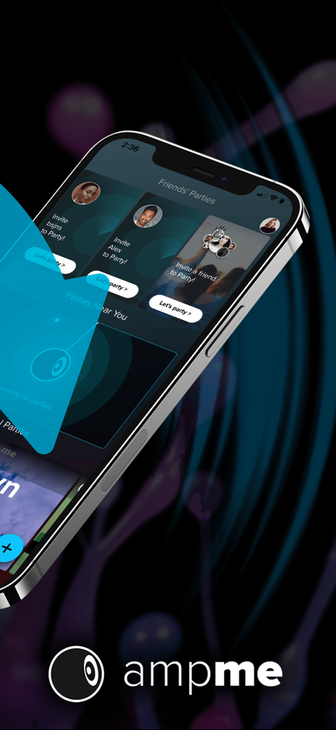 AmpMe app interface showing options to invite friends and join nearby music sync parties.