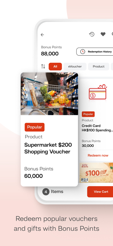 Bildschirm der mobilen App zur Einlösung von BEA-Bonuspunkten gegen Gutscheine für Supermärkte und Ausgaben.