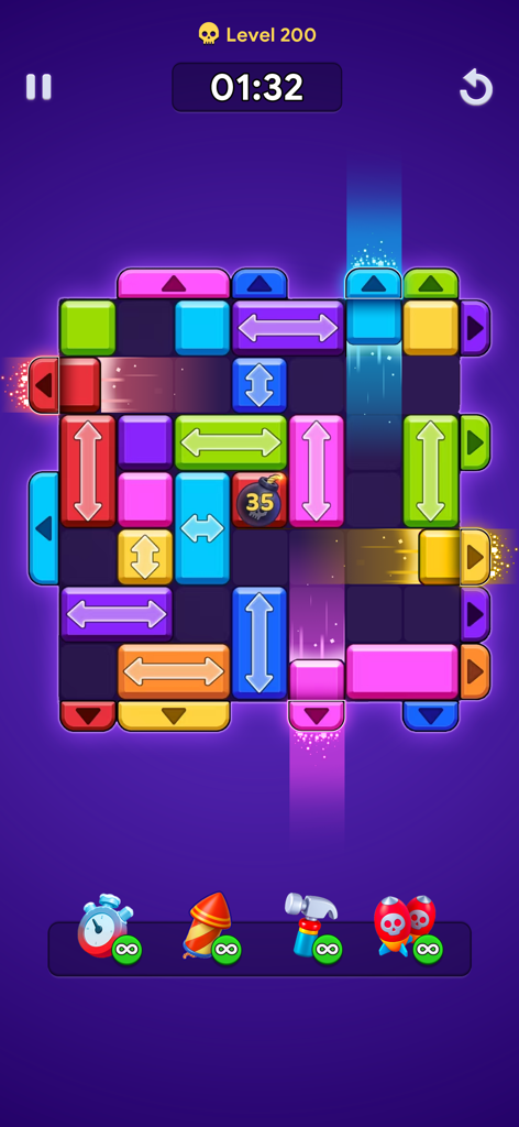 Écran de jeu de Slide Block Color Match Jam avec des blocs coulissants colorés et des boosters de puzzle