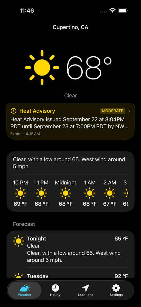 Captura de pantalla de la aplicación Weather NOAA que muestra un pronóstico de 68 grados y despejado con un aviso de calor para Cupertino
