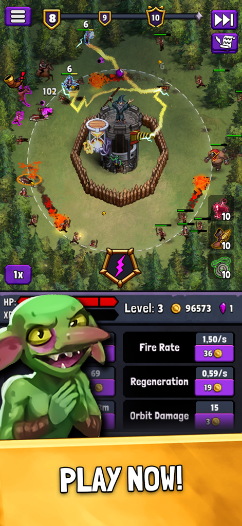 Evil Tower - Idle Defense TD - Evil Tower Idle Defense gameplay with wizard defending tower and goblin upgrade menu