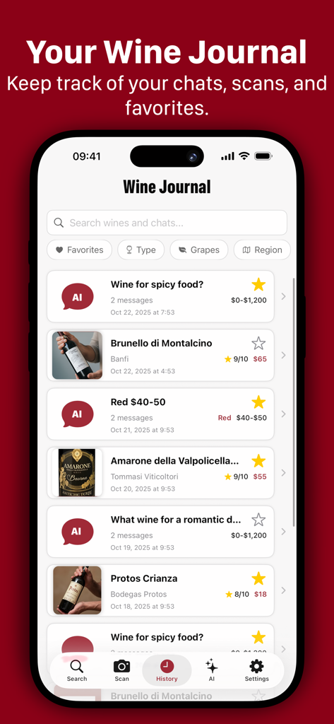 iPhone screen showing the Wine Journal feature with a list of saved wine scans and AI recommendations