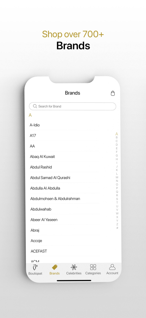Boutiqaat app brand list showing alphabetical directory