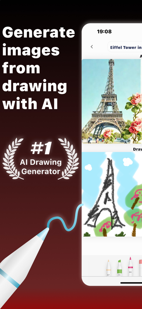 Your Drawing To Art : Picasso - AI drawing app interface showing a rough sketch of the Eiffel Tower transformed into a realistic artwork