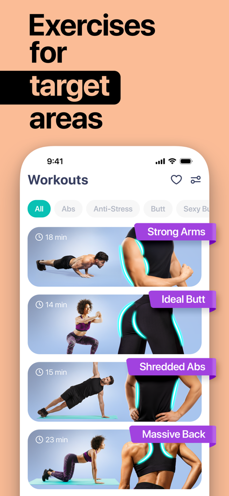 Captura de pantalla de la aplicación HitFit mostrando varios planes de entrenamiento para áreas específicas del cuerpo, incluyendo brazos, glúteos, abdominales y espalda.
