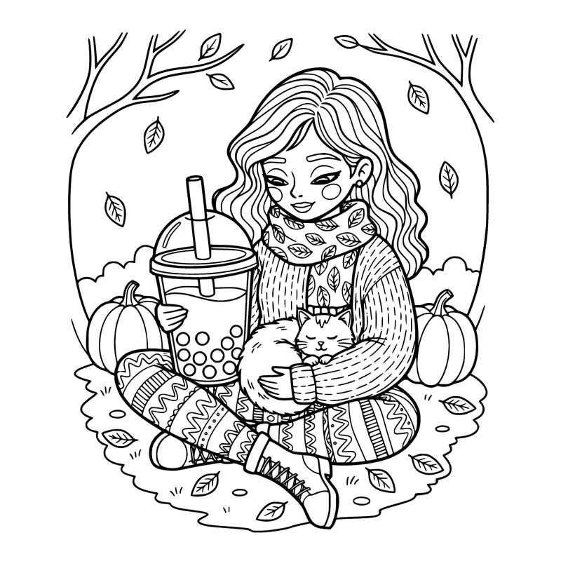 a autumn girl with boba and a cat