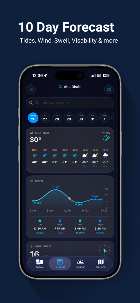 AlMayeh: Tides, Weather & More - AlMayeh app on an iPhone showing a 10-day forecast with detailed tide graphs and wind speed information.