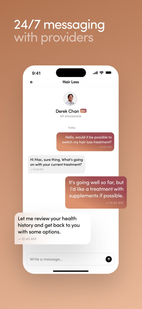 A screenshot of the Hims app displaying 24/7 messaging with a medical provider for hair loss treatment.