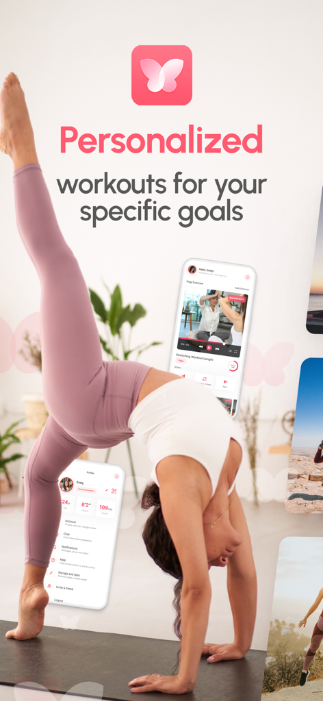 Pelvic Floor & Core Coach - A woman performing a yoga pose on a mat with app screens showing personalized pelvic floor and core exercises.