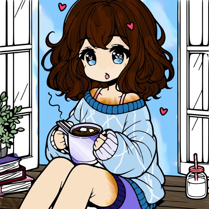 cute anime girl reading book and drinking hot chocolate from mug with loose wavy hair wearing a baggy sweatshirt and shorts sitting by windowsill looking out