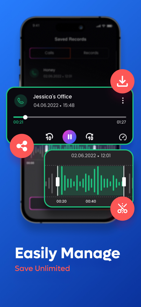 Call Recorder: ACR Phone Calls - Interface de l'application ACR Call Recorder sur iPhone montrant les options pour lire, partager et modifier les enregistrements d'appels sauvegardés