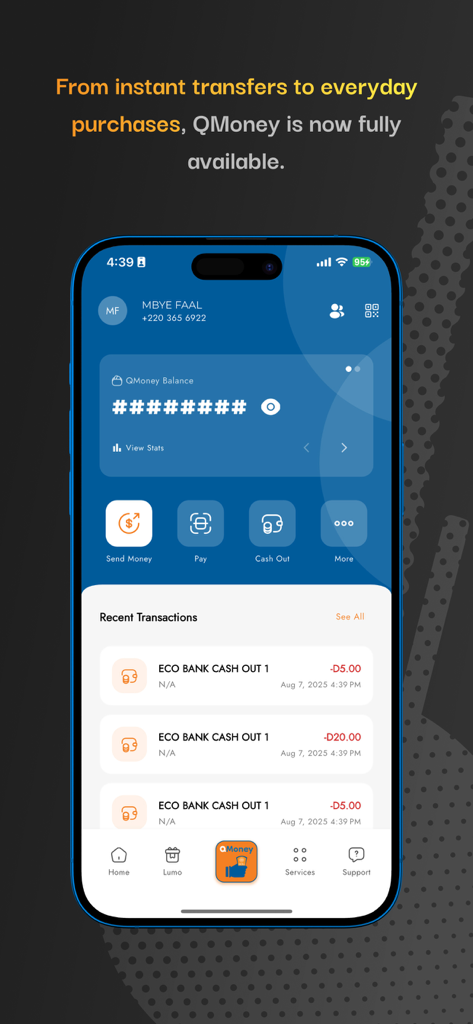 QCELL - The QMoney dashboard within the QCell app showing recent transactions and mobile wallet features.