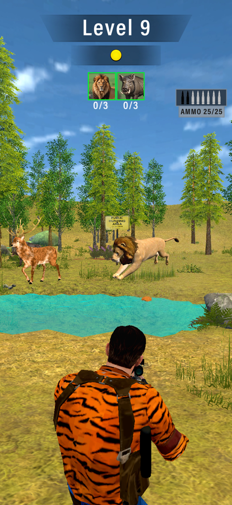 A hunter aims a rifle at wild animals in a forest environment in Animal Shooter Wild Hunt.