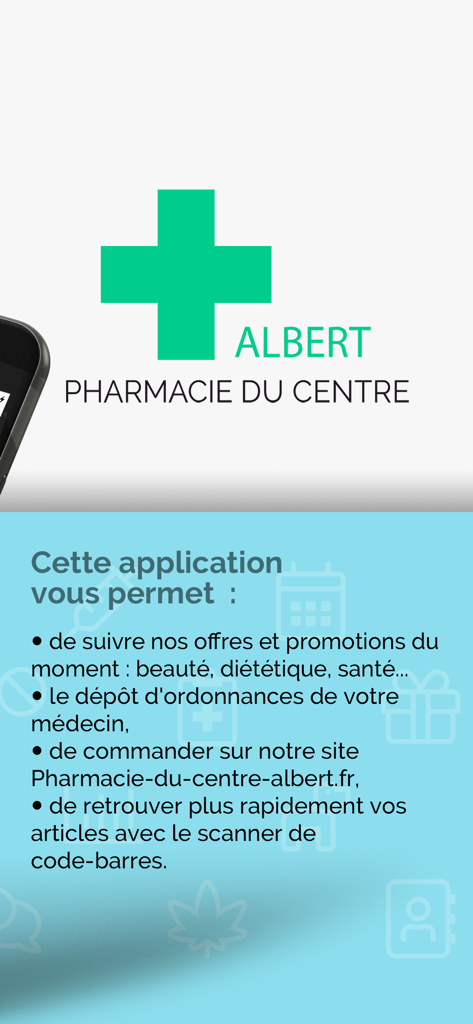 Pharmacie du Centre Albert - Liste des fonctionnalités de l'application mobile de la Pharmacie du Centre Albert montrant les options d'ordonnances et d'achat