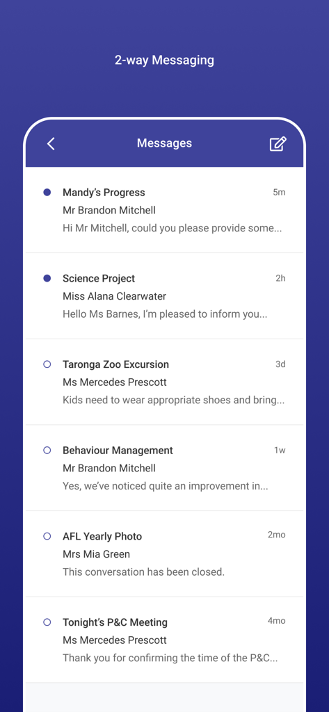 Écran de messagerie de l'application Sentral for Parents montrant les conversations avec les enseignants et les mises à jour de l'école.
