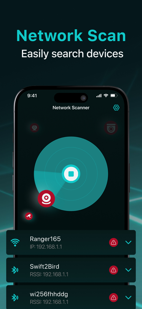 Spy Camera Detector & Scanner - Interface de l'application Spy Camera Detector montrant un scan réseau détectant des appareils WiFi et Bluetooth suspects.