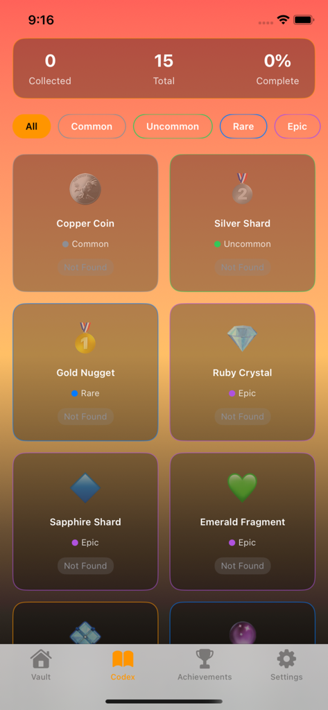 Volcano Vault: Erupting Riches - Interfaz de la aplicación que muestra una colección de gemas y monedas en el códice de la bóveda volcánica