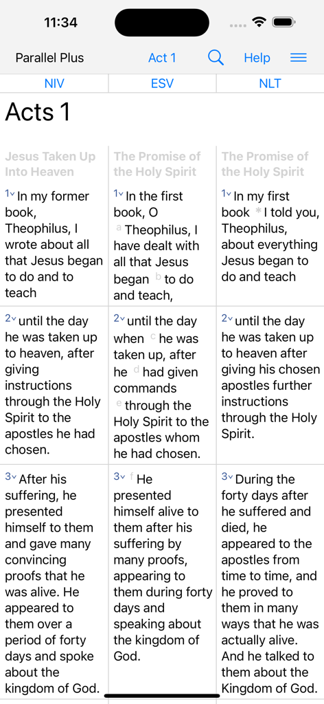 Parallel Plus Bible study app interface showing Acts 1 in NIV ESV and NLT parallel columns