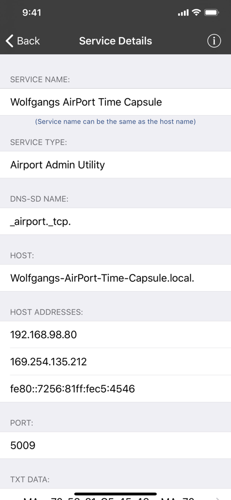 iNet Pro - Network Scanner - Detailed network service information for an AirPort Time Capsule in iNet Pro.