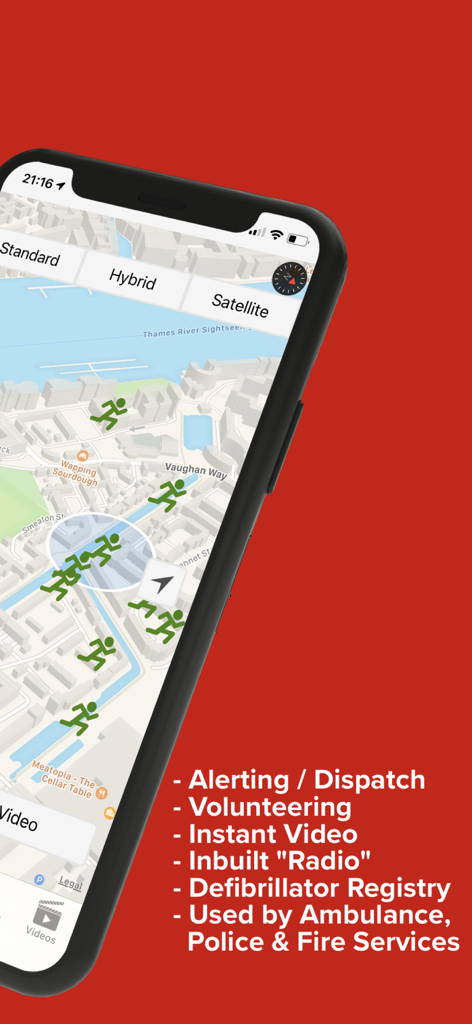 GoodSAM Responder - A smartphone screen showing the GoodSAM Responder app with a map of nearby emergency responders and a list of professional features