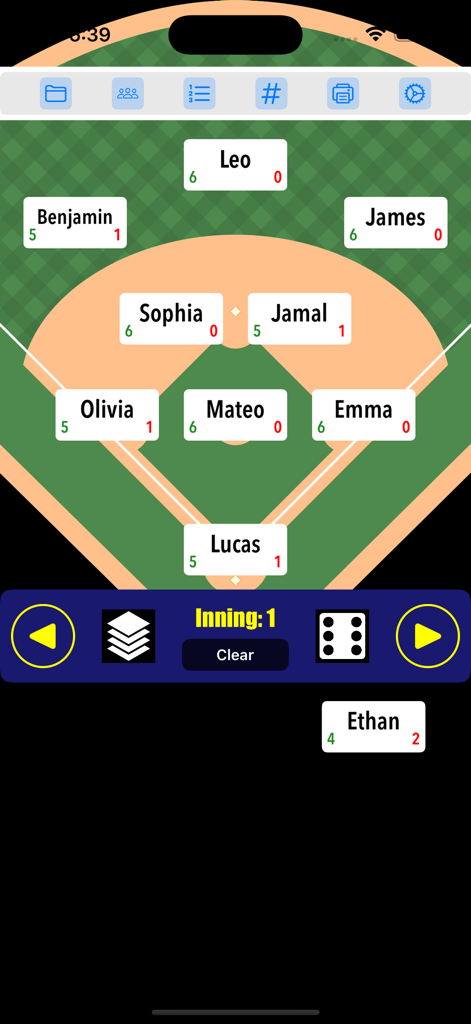 Roster Blast app displaying a baseball field diagram with players assigned to defensive positions for the first inning