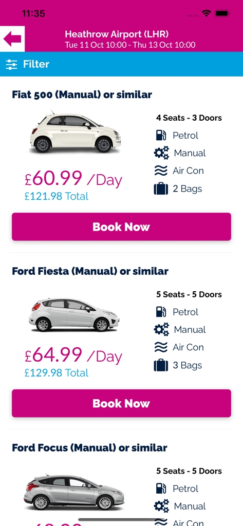 차량 모델 및 일일 가격을 보여주는 Drivalia UK 앱의 자동차 렌탈 선택 화면