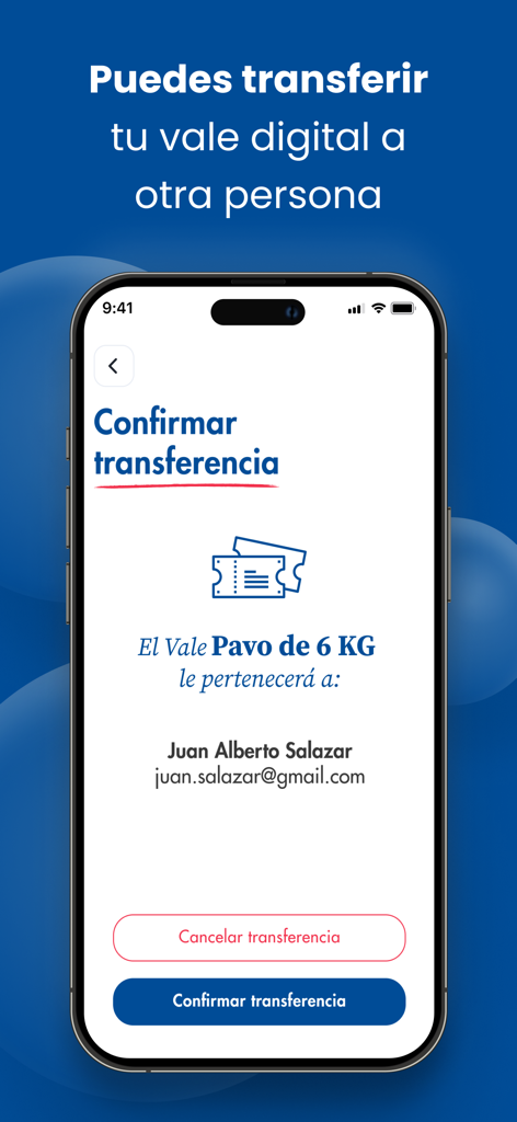 Mobile app screen showing a confirmation page to transfer a digital turkey voucher to another person