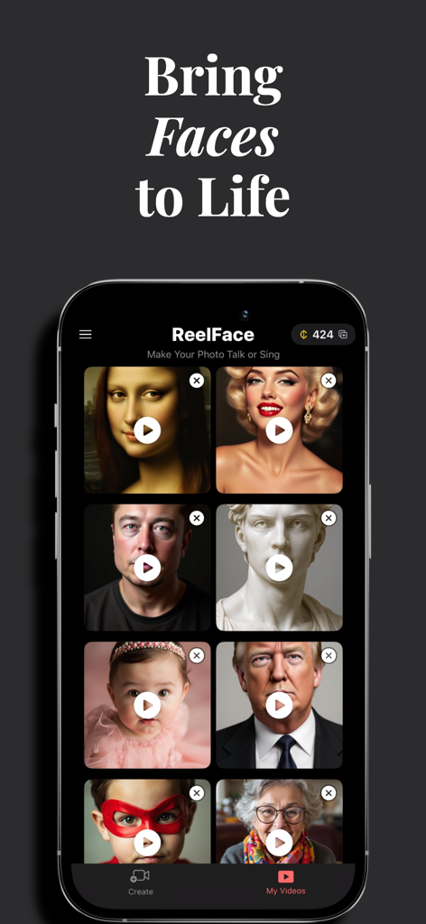 ReelFace: Bring Photos to Life - ReelFace mobile app interface displaying a gallery of AI animated talking faces and portraits