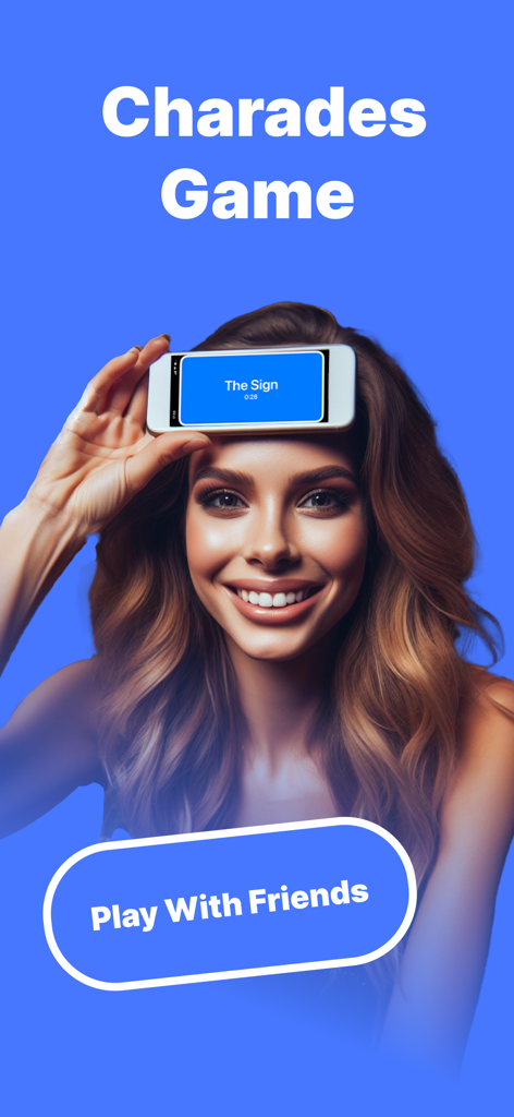 Charades Up - Guess The Word - Smiling woman holding a phone to her forehead playing the Charades Up game with friends