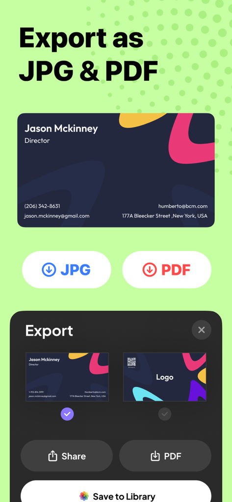 Business Card Maker· - Export screen of Business Card Maker showing JPG and PDF save options