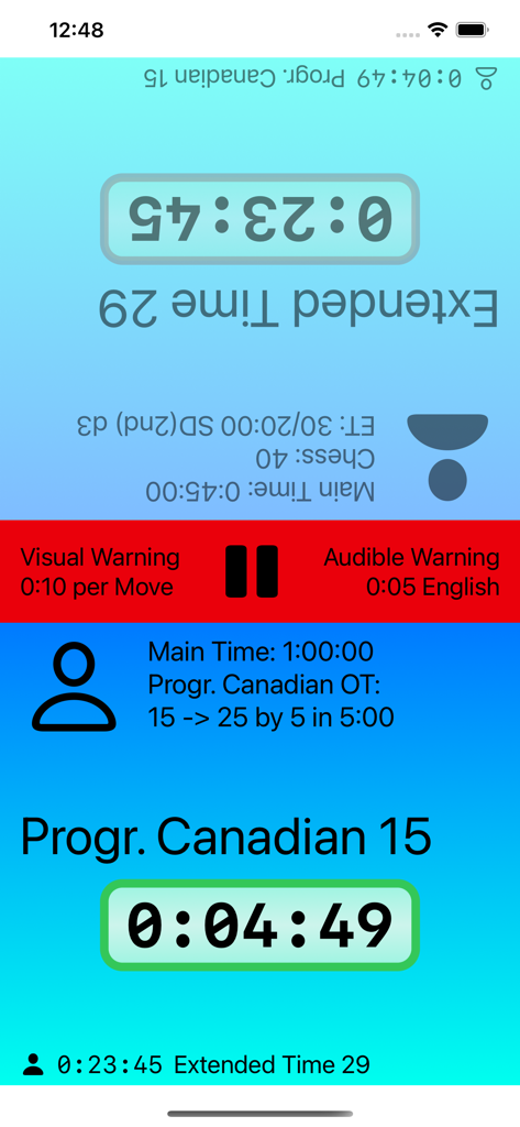 Game Clock (Chess, Go, Shogi) - Una pantalla de aplicación de cronómetro de juego de doble cara que muestra temporizadores para dos jugadores con configuraciones avanzadas como Tiempo Adicional Canadiense Progresivo.