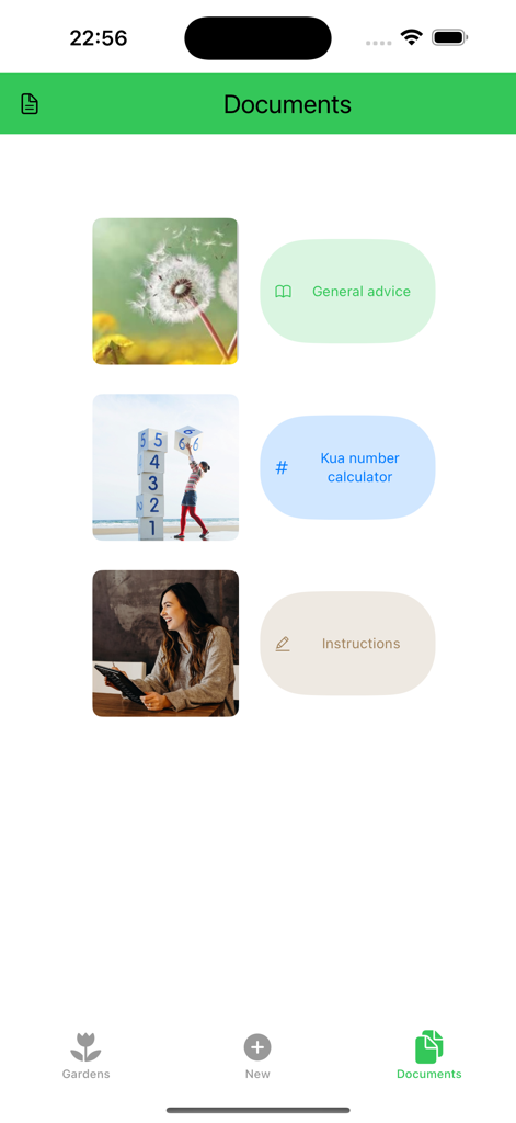 Screenshot of the Garden Feng-Shui app documents menu featuring buttons for general advice and the Kua number calculator