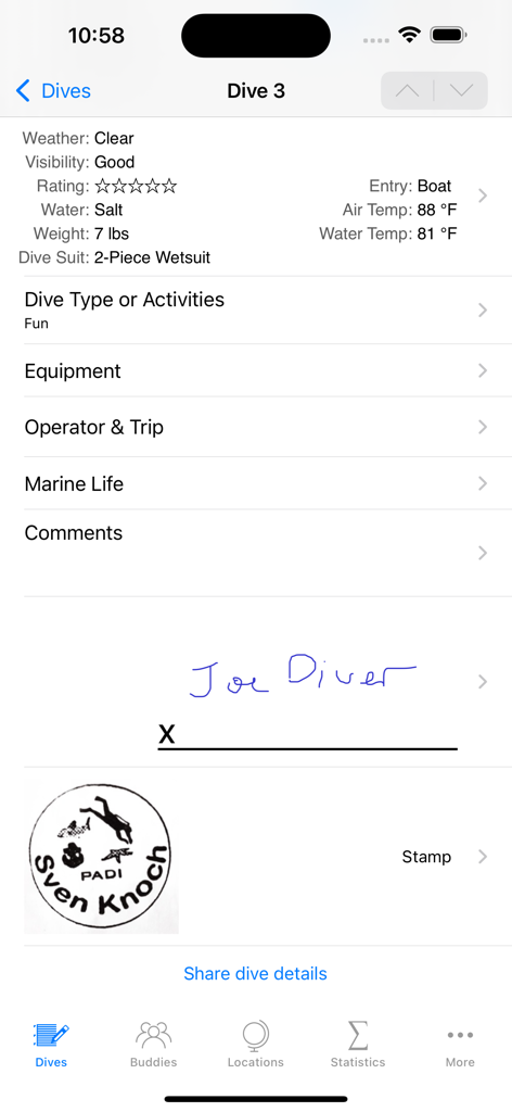 Dive Log - A detailed scuba dive log entry in the Dive Log app featuring weather stats and a professional certification stamp