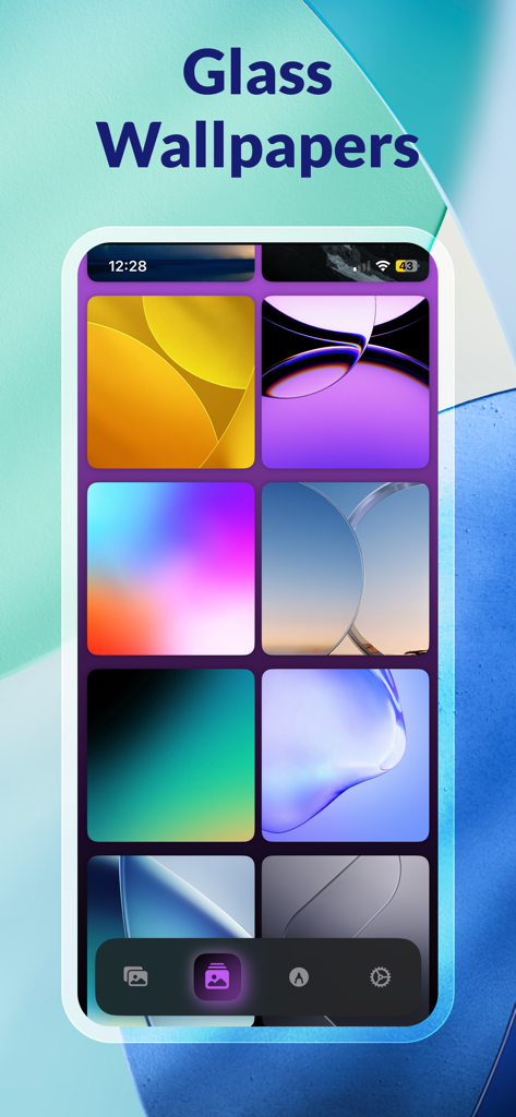 Glass Wallpapers - Lock Screen - Glass Wallpapers 앱 인터페이스에 표시된 다채롭고 추상적인 배경화면 모음.