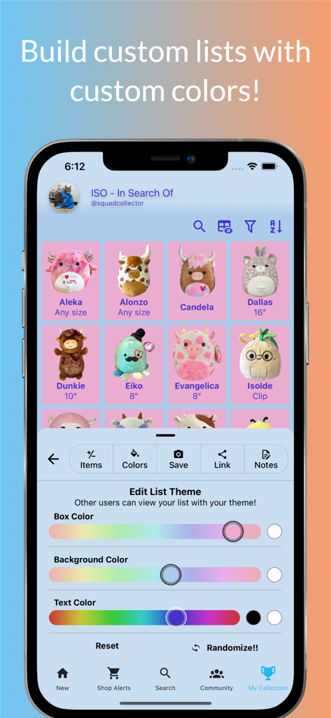 SquadApp interface showing the custom list feature with a theme editor for box and background colors
