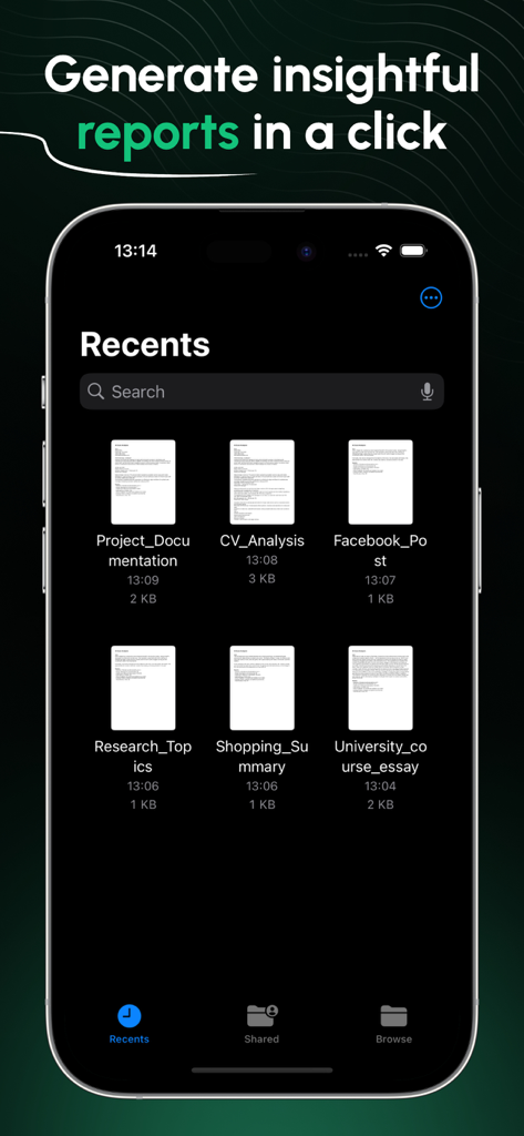 AI Detector - Text Analyzer - L'écran des Récents de l'application AI Detector montrant une grille de rapports d'analyse de texte sauvegardés, y compris des essais et des CV.