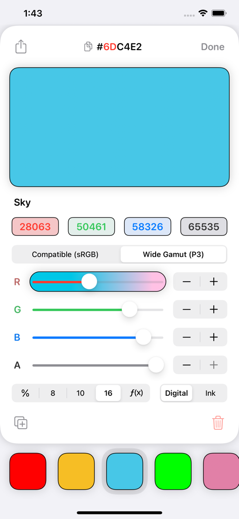 Color Pro Picker - 空色のプロフェッショナルカラーピッカーインターフェース、16ビットRGBスライダーと広色域P3サポートを表示