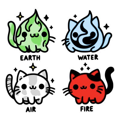 4 cats that represent the different elements, earth, water, air, and fire