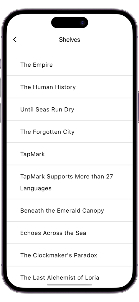 TapMark: One-Tap Word Marking - A minimalist list of imported TXT files and books within the TapMark app shelves interface