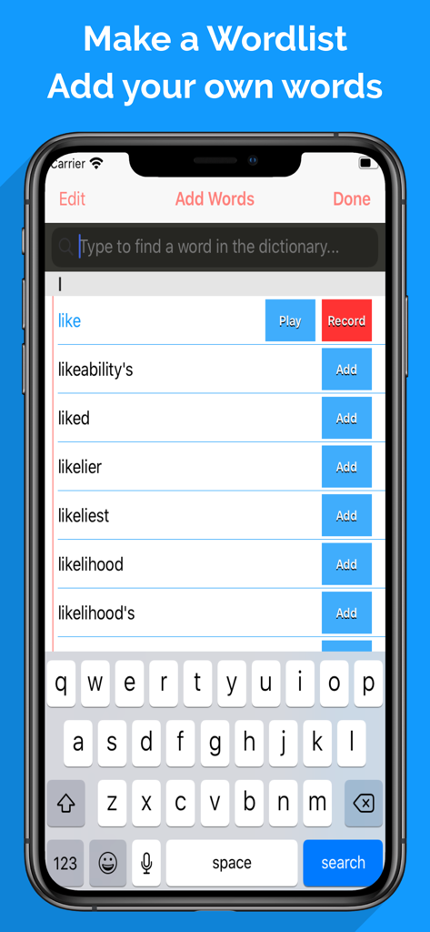 Spelling Notebook Premium - Spelling Notebook Premium interface showing how to search and add custom words to a personalized spelling list