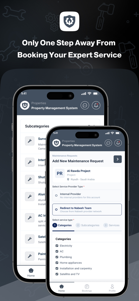 Warranty - وارنتي - A mobile interface for the Warranty app showing the steps to add a new maintenance request and select service categories