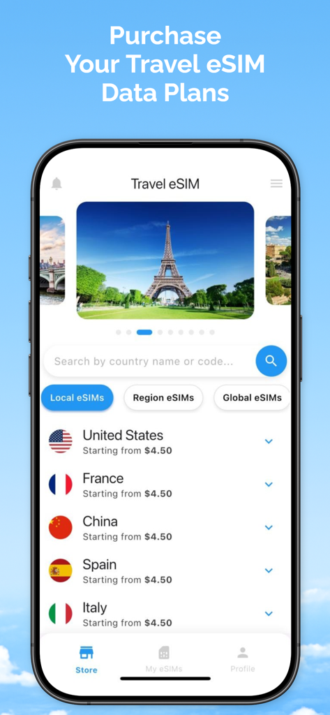 Simly eSIM: Travel & Connect - Simly mobile app interface displaying travel eSIM data plans for various countries starting at four dollars and fifty cents