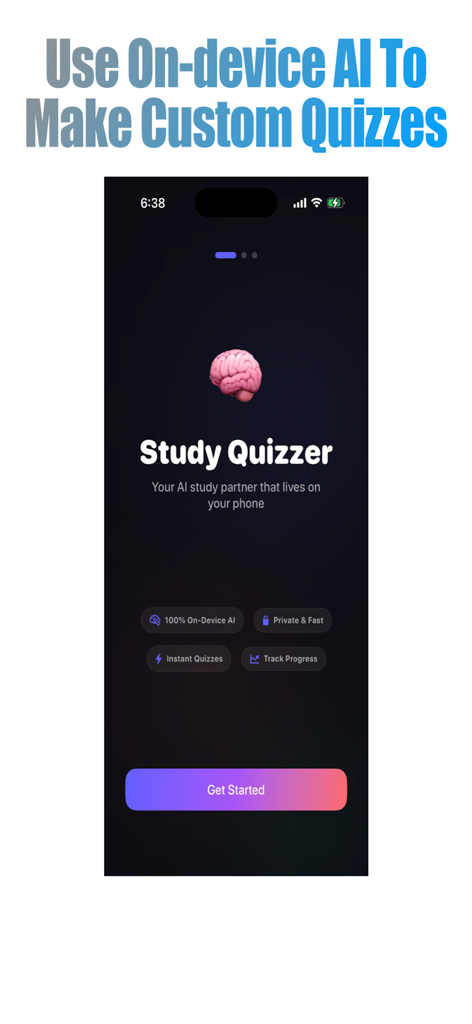 Study Quizzer - Study Quizzer app onboarding screen highlighting on-device AI and custom quiz creation