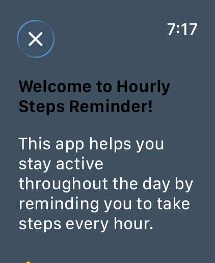 Hourly Steps Reminder - Welcome screen for the Hourly Steps Reminder app on Apple Watch explaining its hourly activity tracking purpose