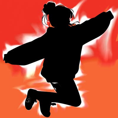 realistic girl jumping with a bun and oversized sweatshirt