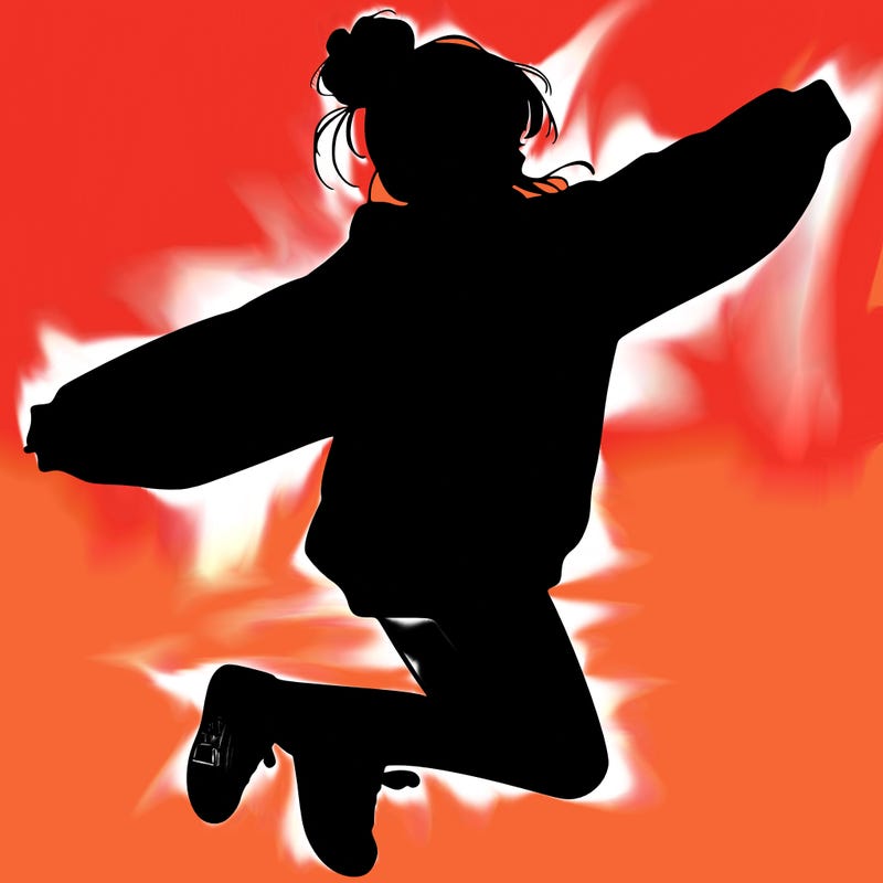 realistic girl jumping with a bun and oversized sweatshirt