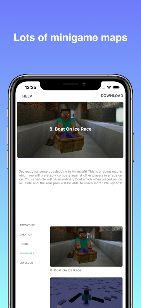 Pantalla de la aplicación Mapas para Minecraft PE mostrando la selección de un minijuego de carrera de botes sobre hielo.